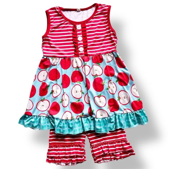 Boutique Girl’s 2-Piece Apple Outfit 7 8 sleeveless ruffle shorts red stripes - Picture 1 of 14
